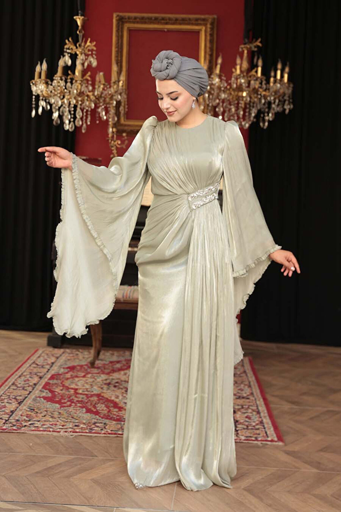 Volan Kollu Mint Tesettür Abiye Elbise 5322MINT