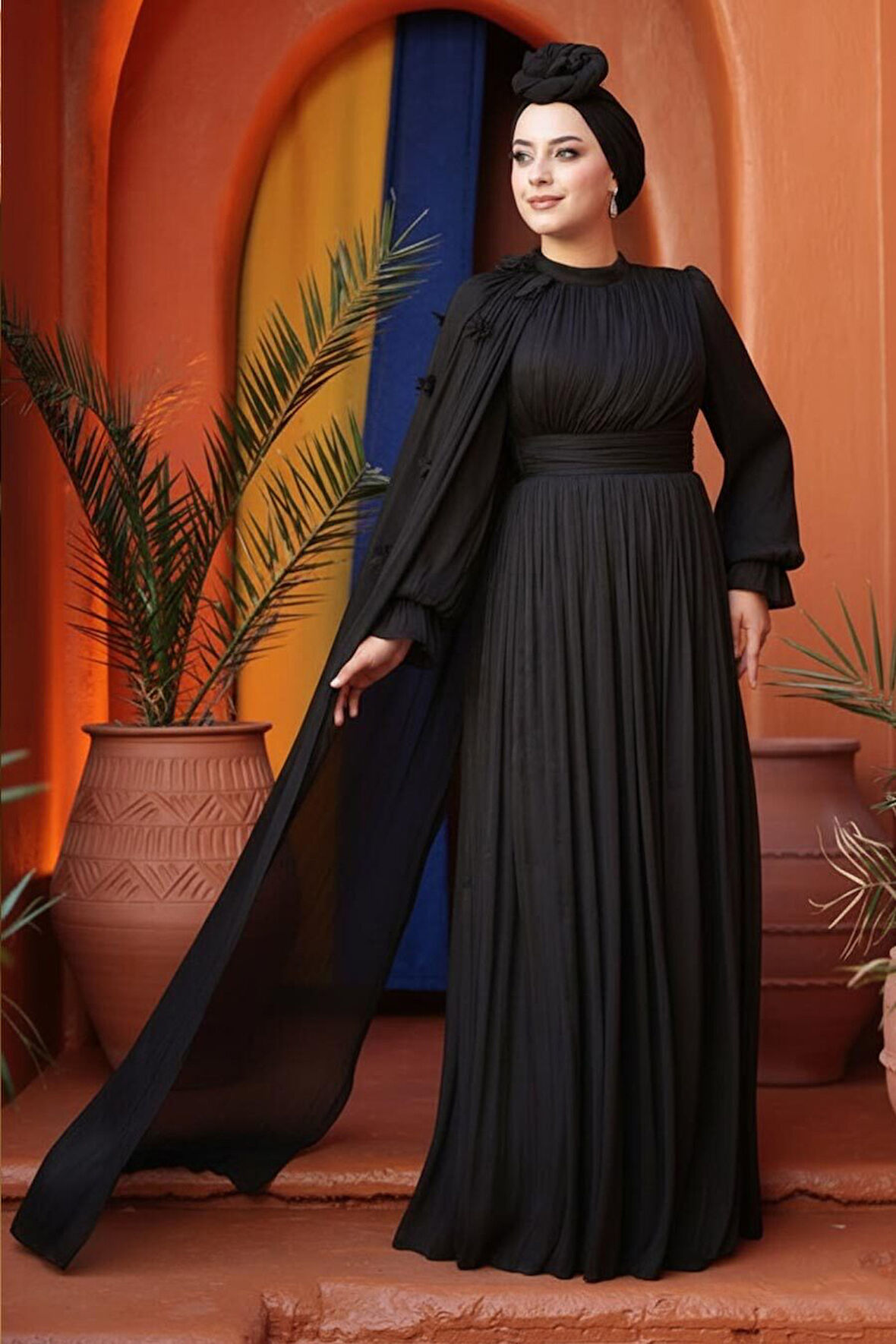Pelerin Detaylı Siyah Tesettür Abiye Elbise 5394S