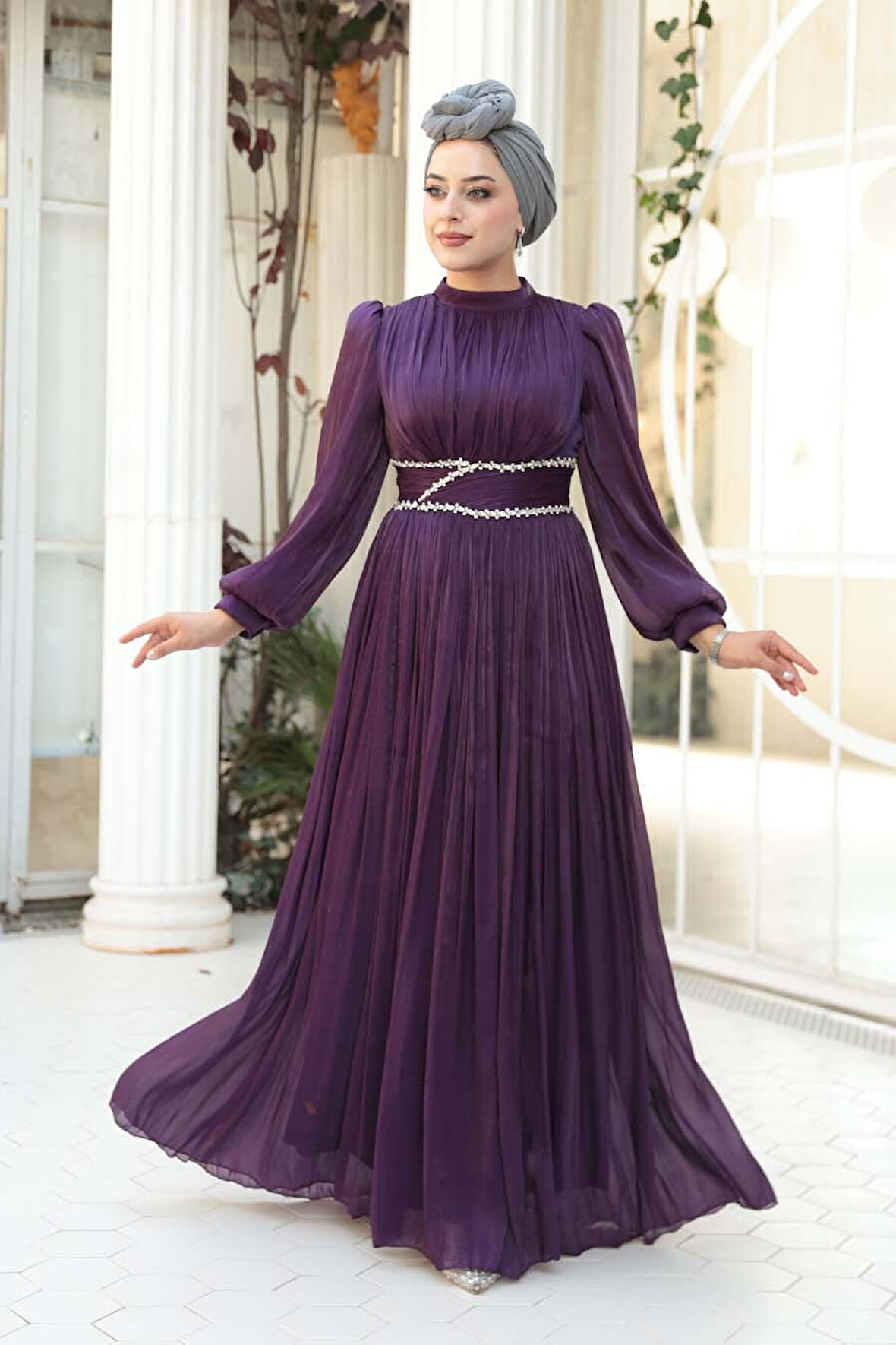 Drape Detaylı Mürdüm Tesettür Abiye Elbise 54041MU