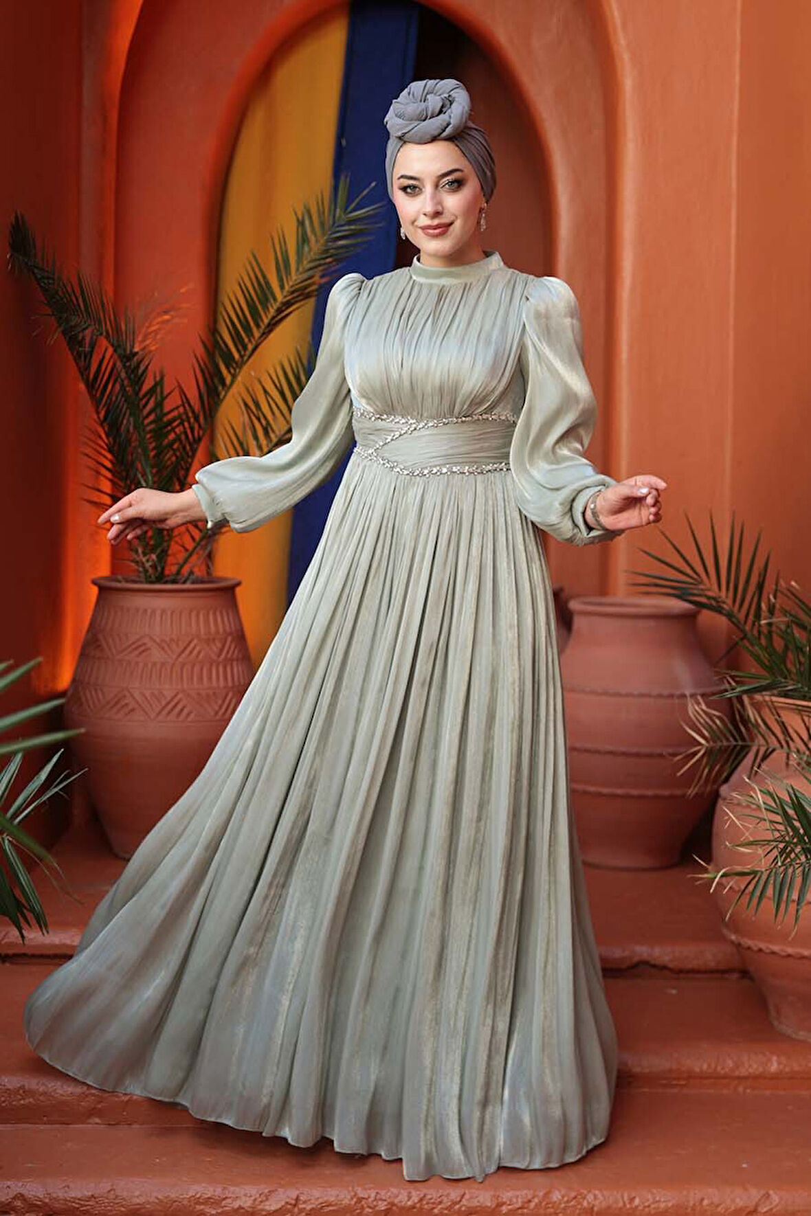 Drape Detaylı Mint Tesettür Abiye Elbise 54041MINT