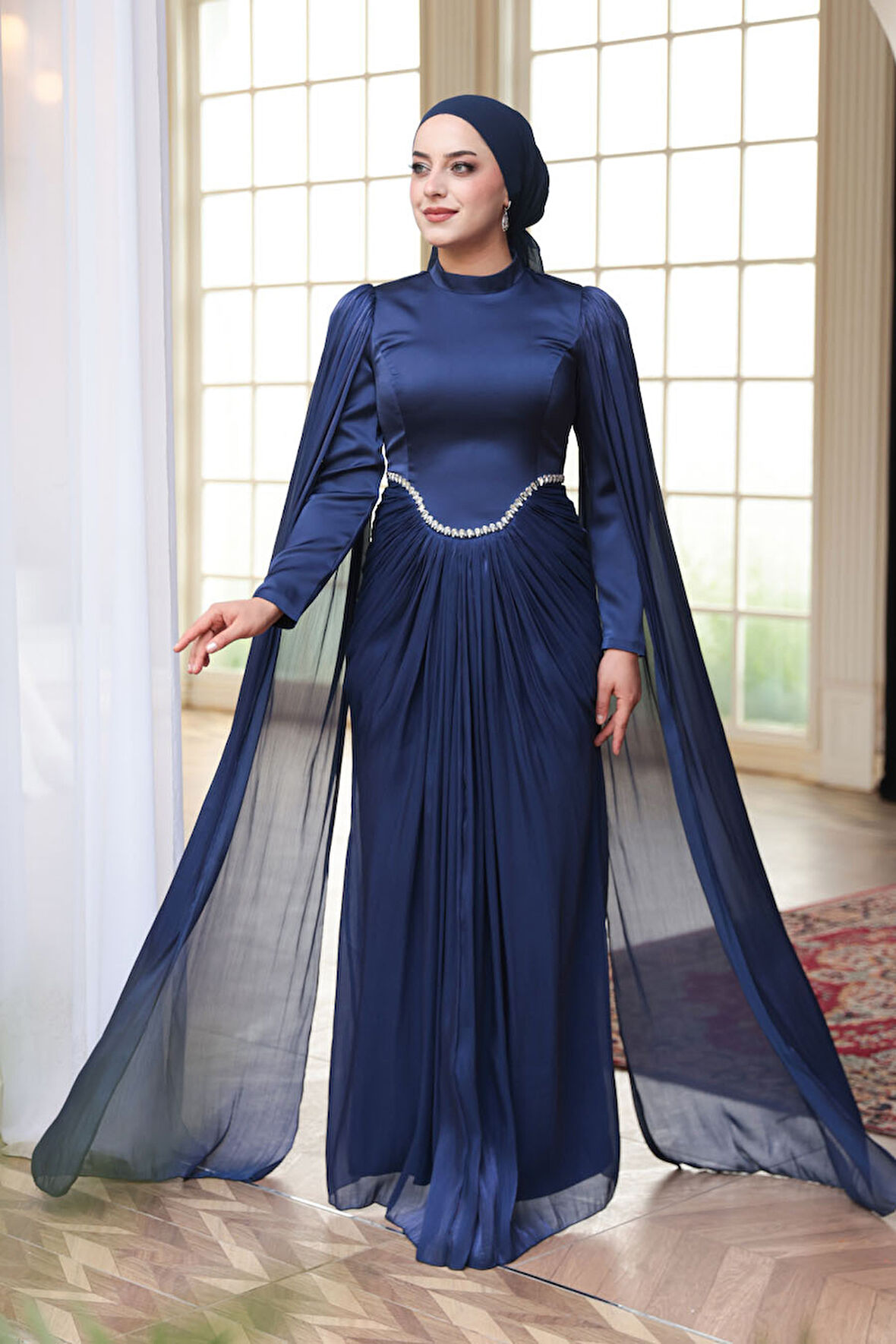  Pelerinli Lacivert Tesettür Abiye Elbise 5418L