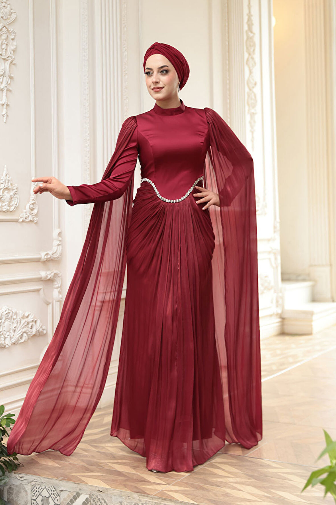  Pelerinli Bordo Tesettür Abiye Elbise 5418BR