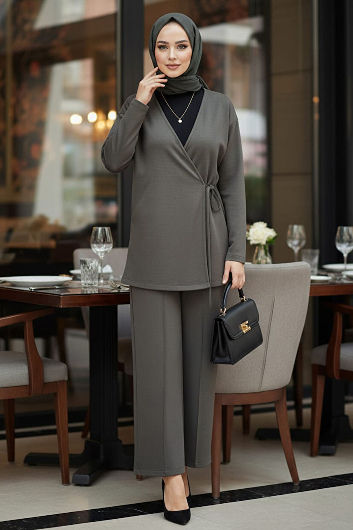 Yandan Bağlama Detaylı Haki Tesettür İkili Takım 13301HK