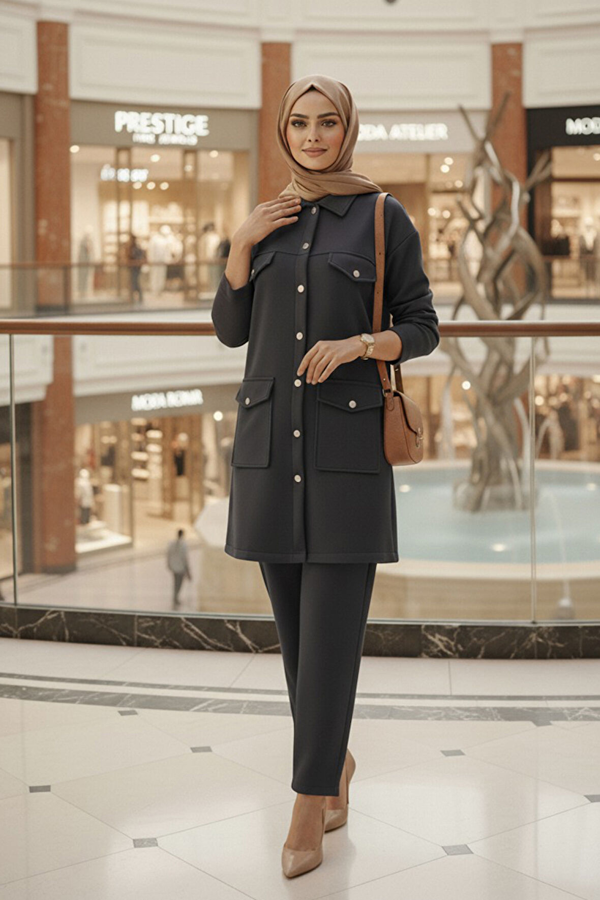 Düğmeli Füme Tesettür İkili Takım 13323FU