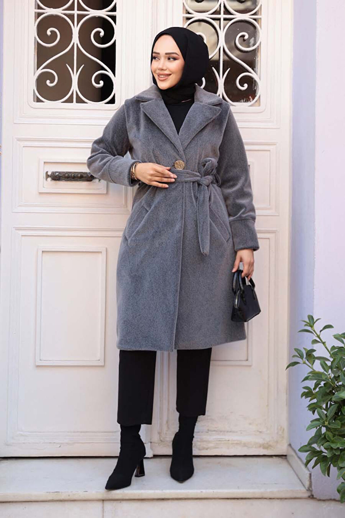 Kemerli Gri Tesettür Süet Kap 62451GR