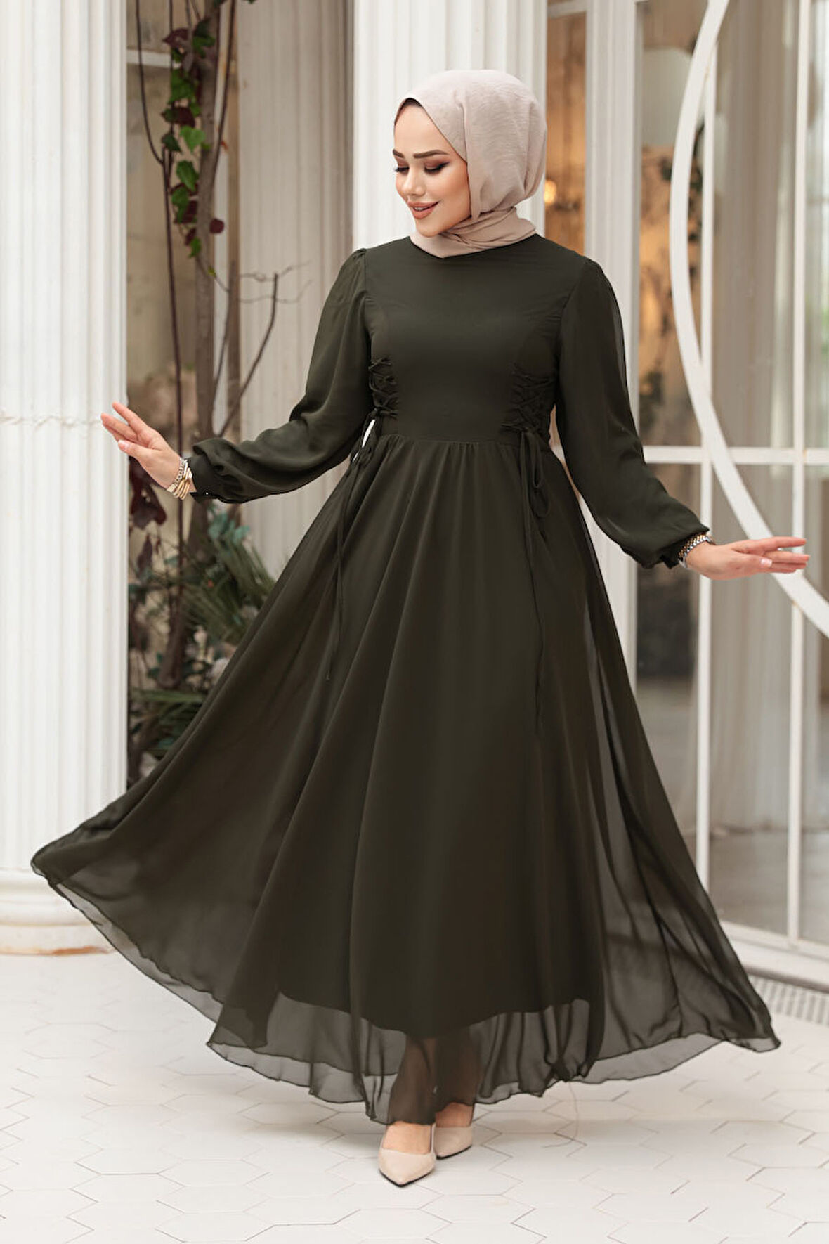  Balon Kol Haki Tesettür Abiye Elbise 62381HK