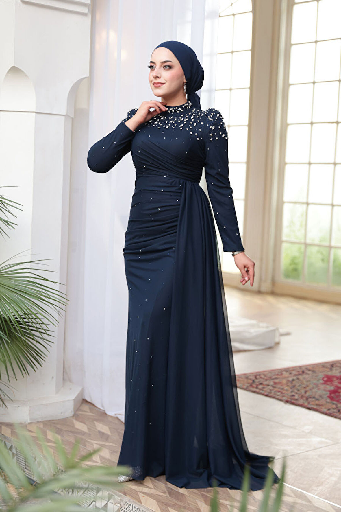  Boncuk Detaylı Lacivert Tesettür Abiye Elbise 54301L