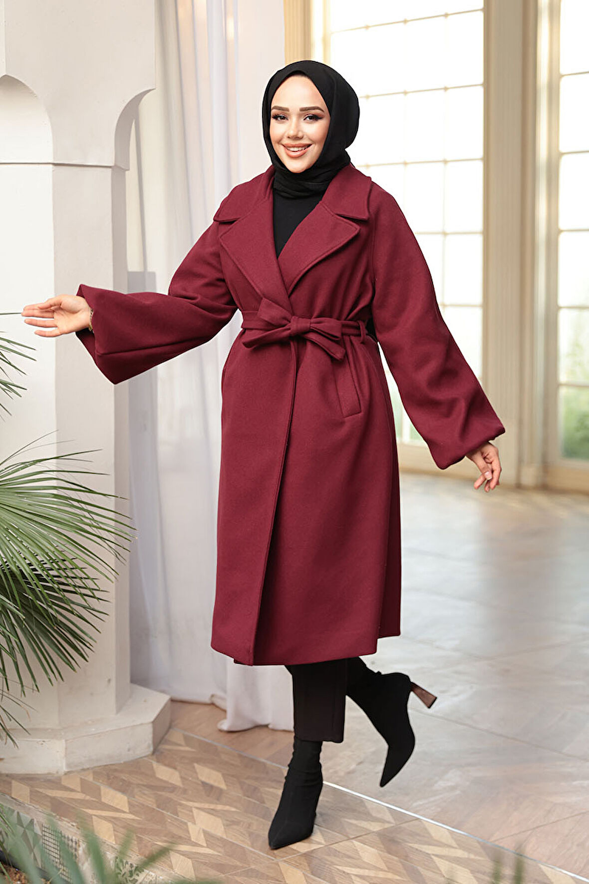 Kemerli Bordo Tesettür Kaşe Kaban 61631BR