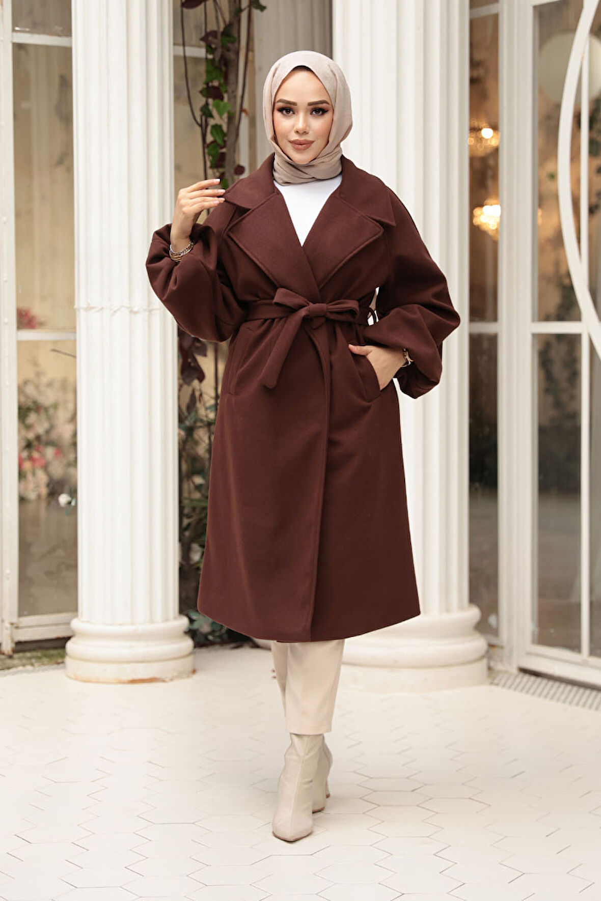 Kemerli Kahverengi Tesettür Kaşe Kaban 61631KH