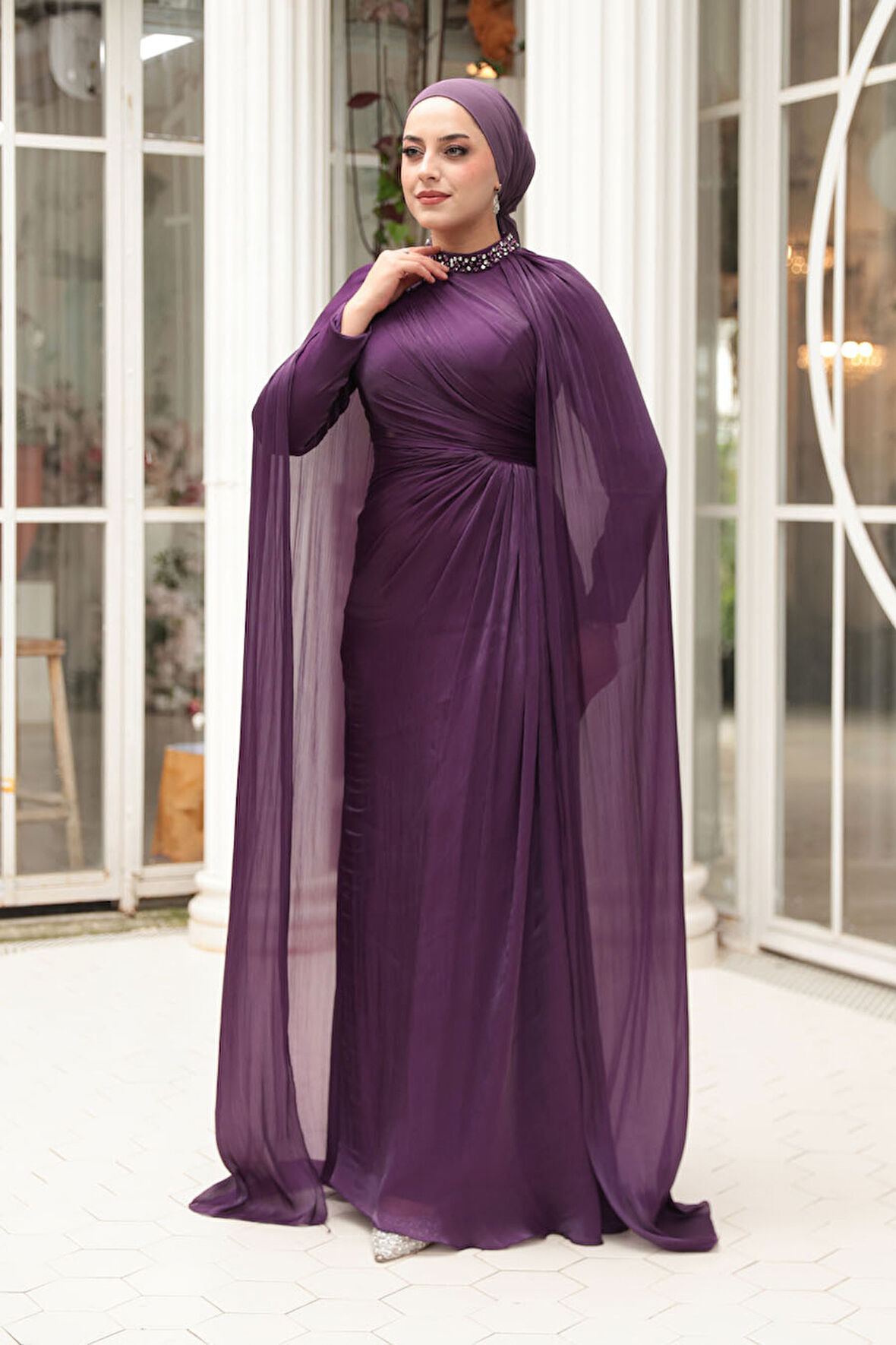 - Pelerinli Mor Tesettür Abiye Elbise 54391MOR