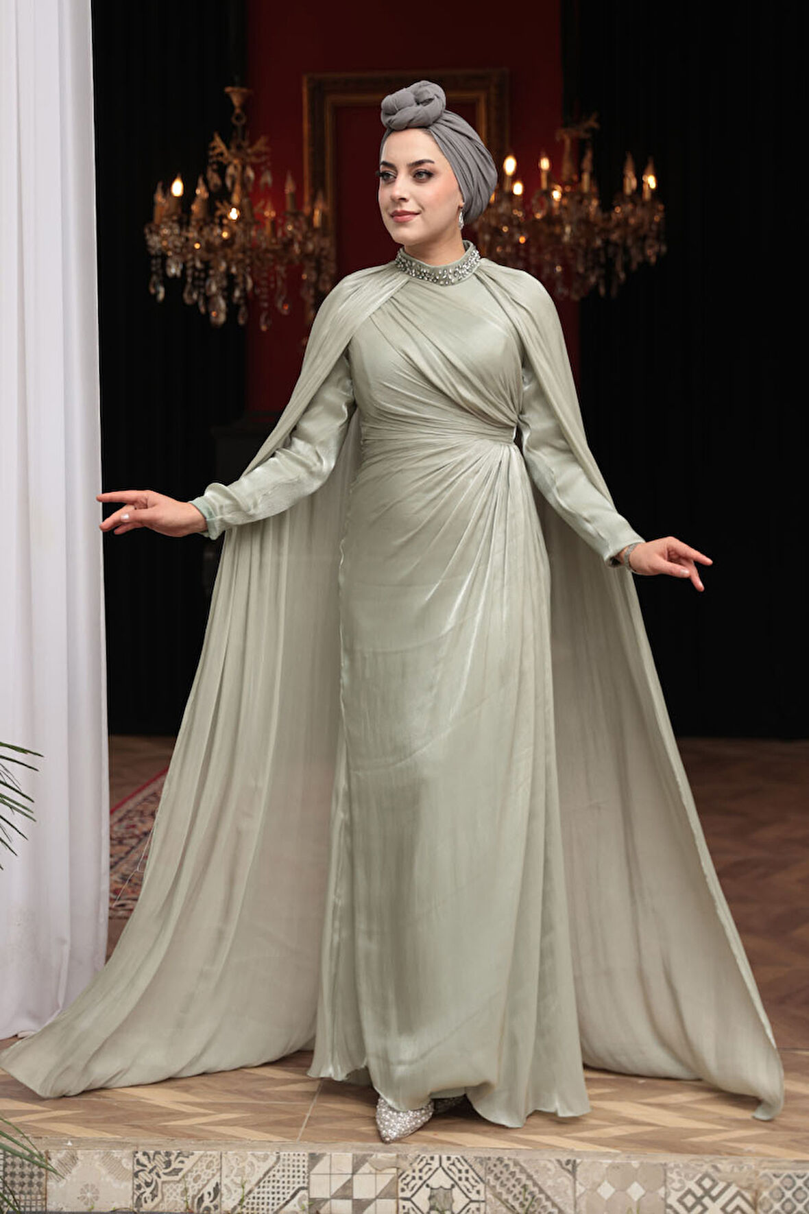  Pelerinli Mint Tesettür Abiye Elbise 54391MINT