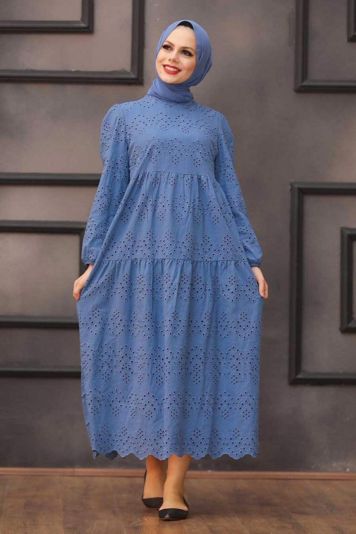 Kol Ucu Lastikli İndigo Mavisi Tesettür Elbise 1073IM