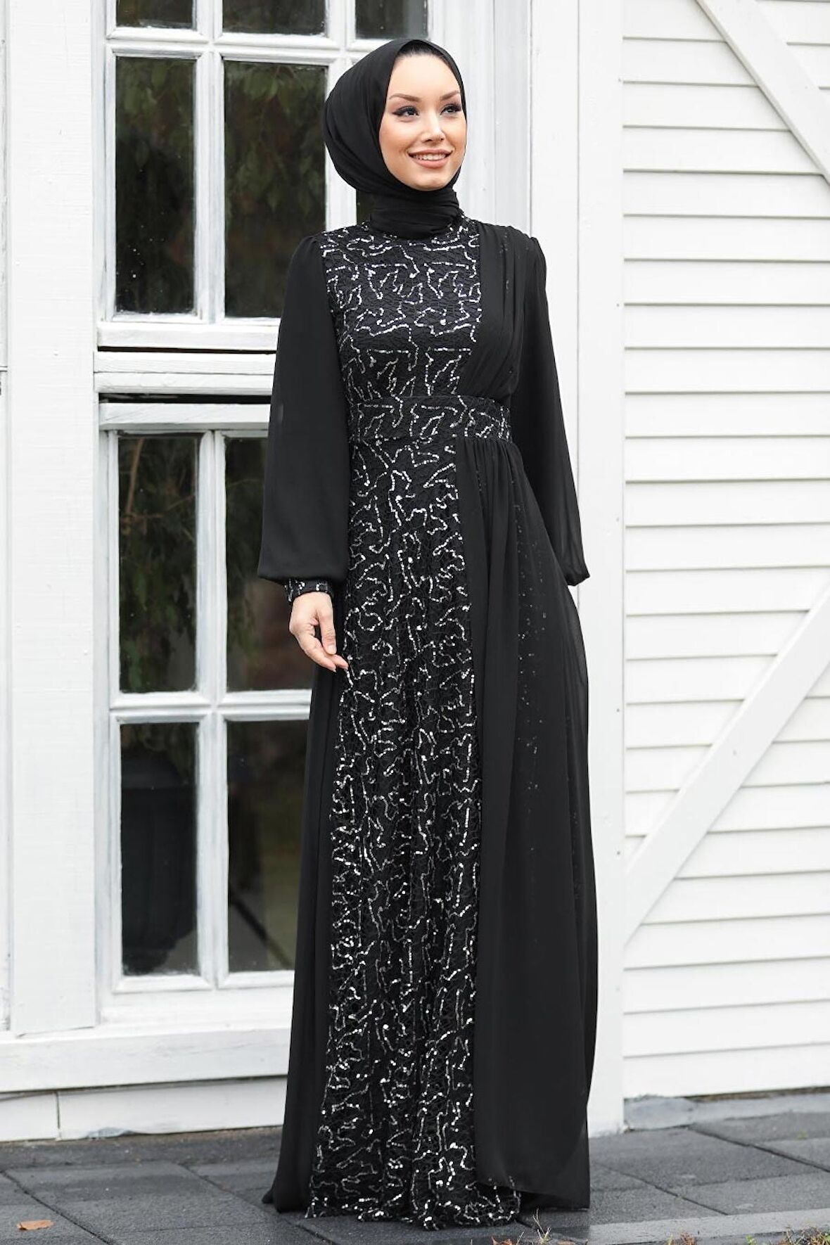 Tesettür Abiye Elbise - Pul Payetli Gümüş Tesettür Abiye Elbise 5408GMS