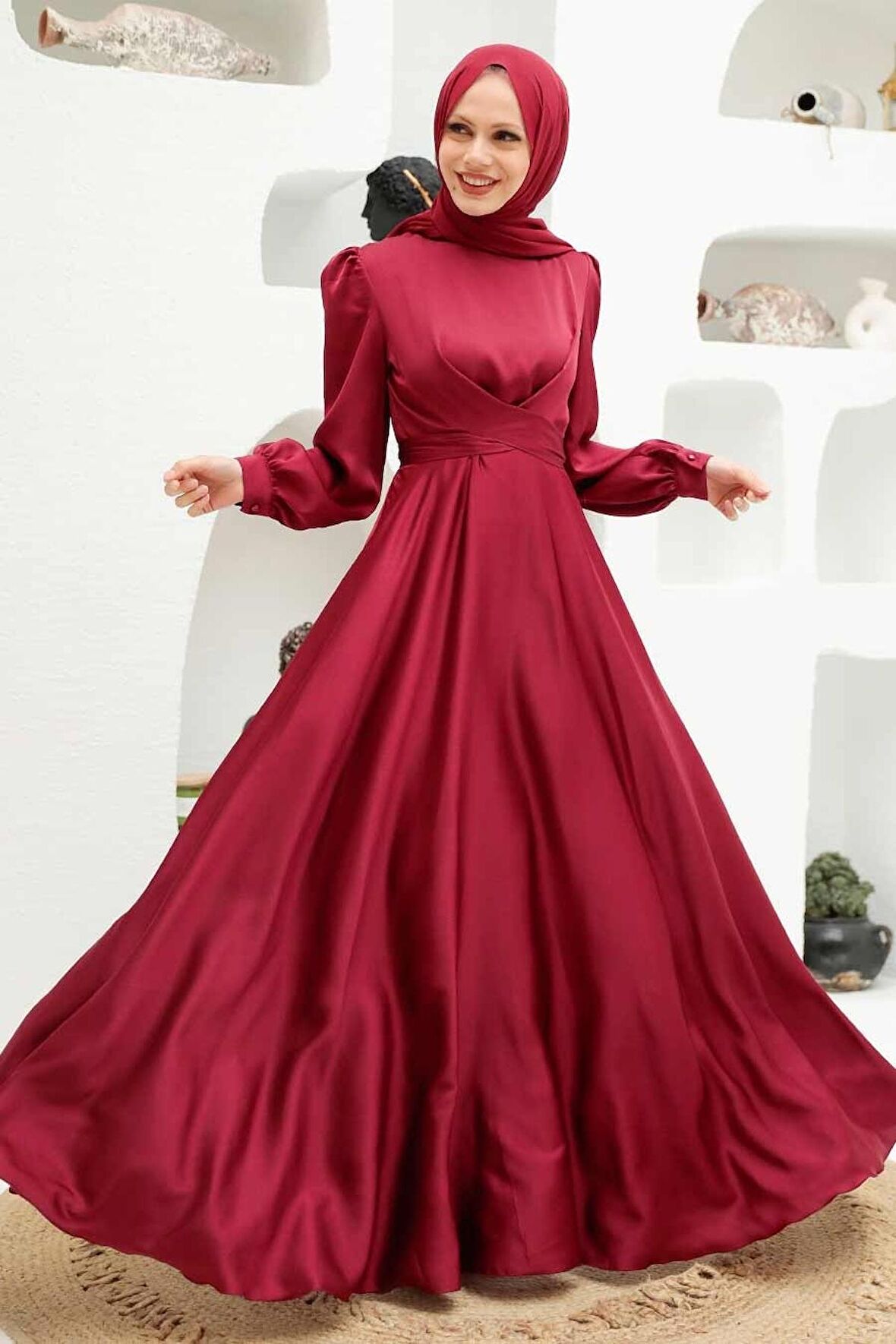 Bağlama Detaylı Bordo Tesettür Abiye Elbise 3064BR