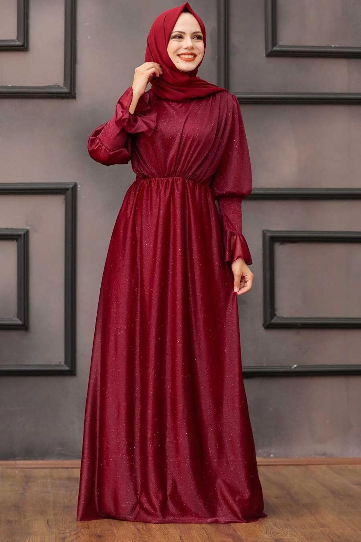 Tesettürlü Abiye Elbise - Simli Bordo Tesettür Abiye Elbise 5367BR