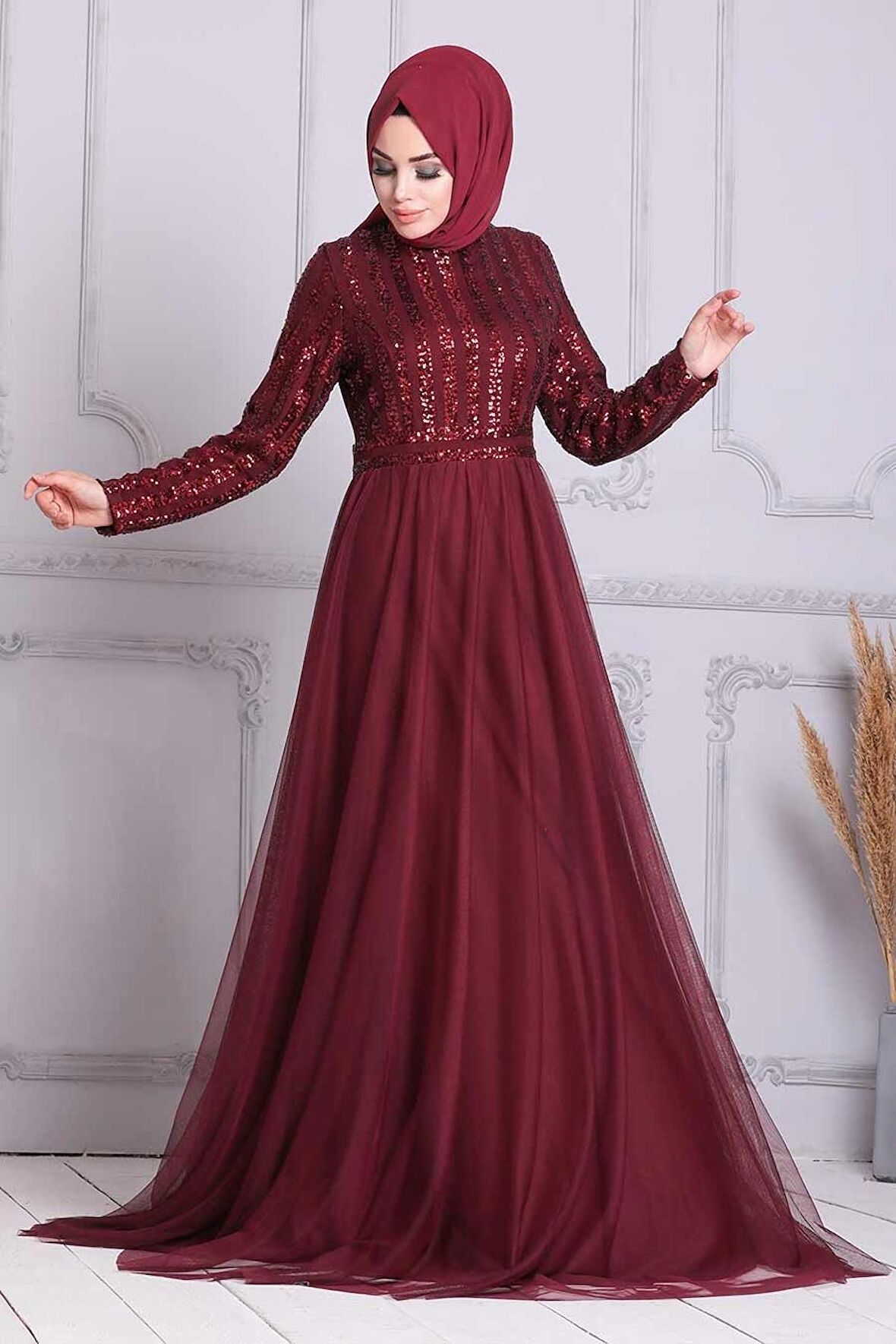Pul Payetli Bordo Tesettür Abiye Elbise 5338BR