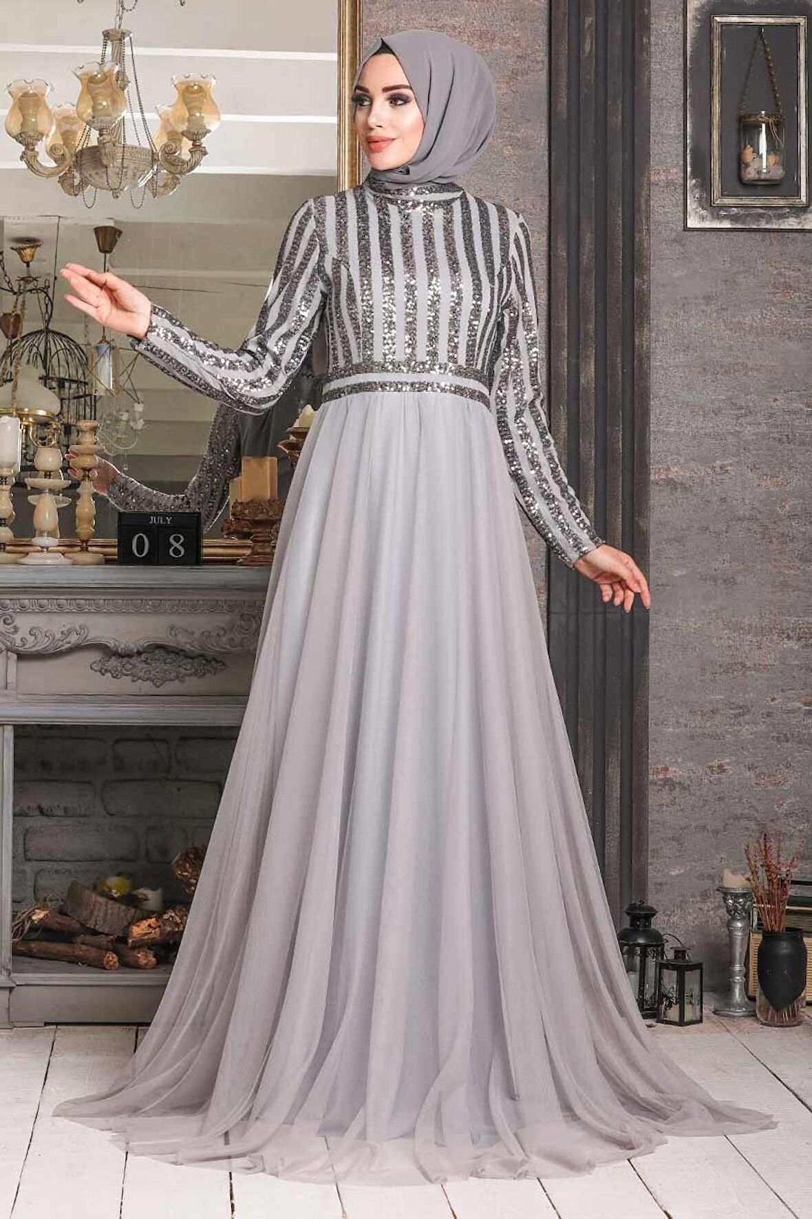 Pul Payetli Gri Tesettür Abiye Elbise 5338GR