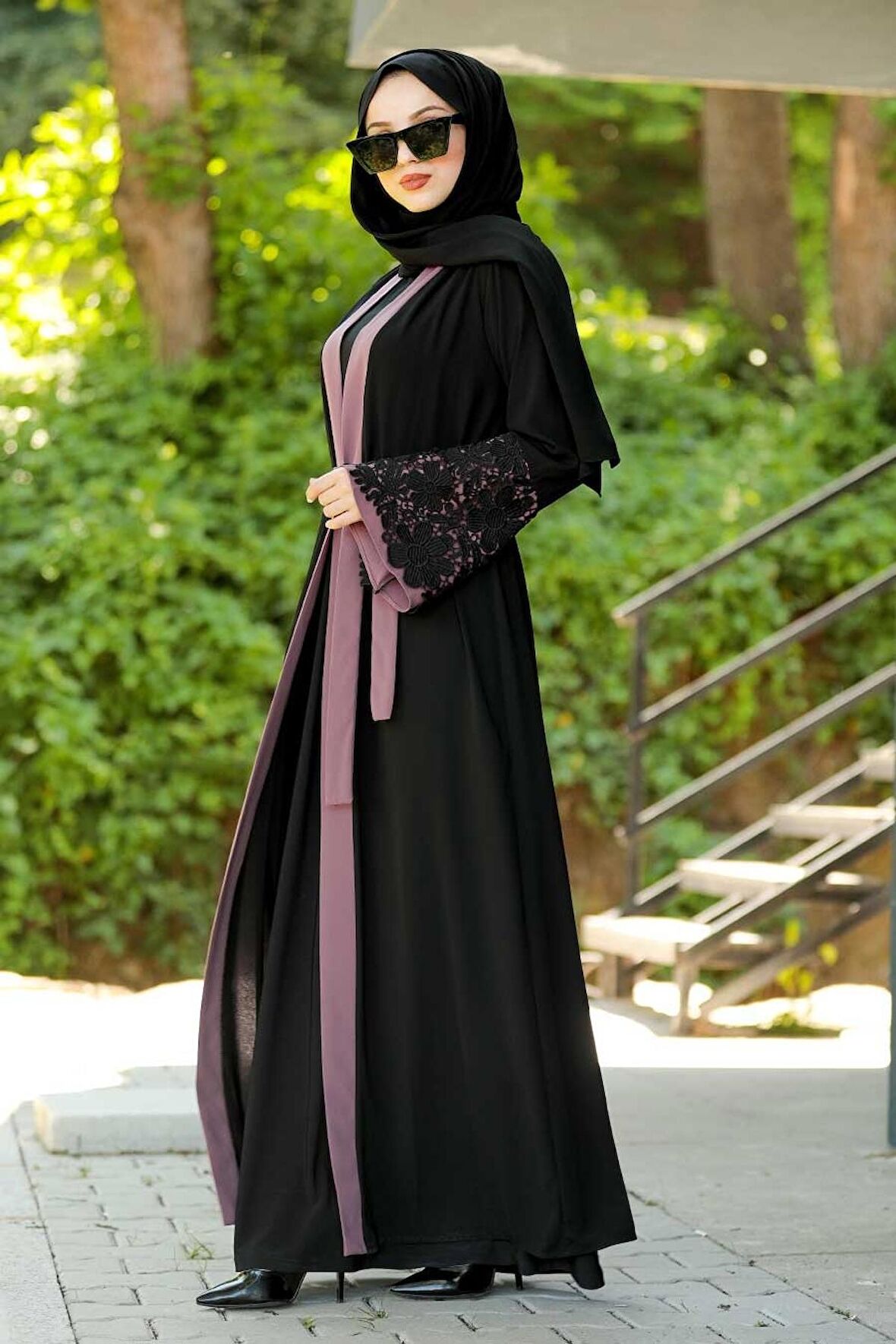 Volan Kollu Gül Kurusu Tesettür Abaya 55084GK
