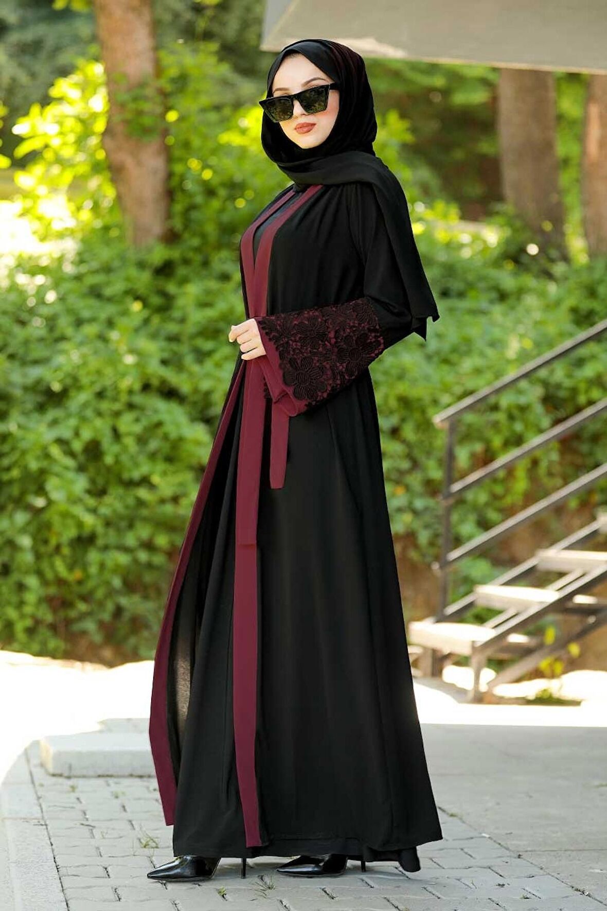 Volan Kollu Bordo Tesettür Abaya 55084BR