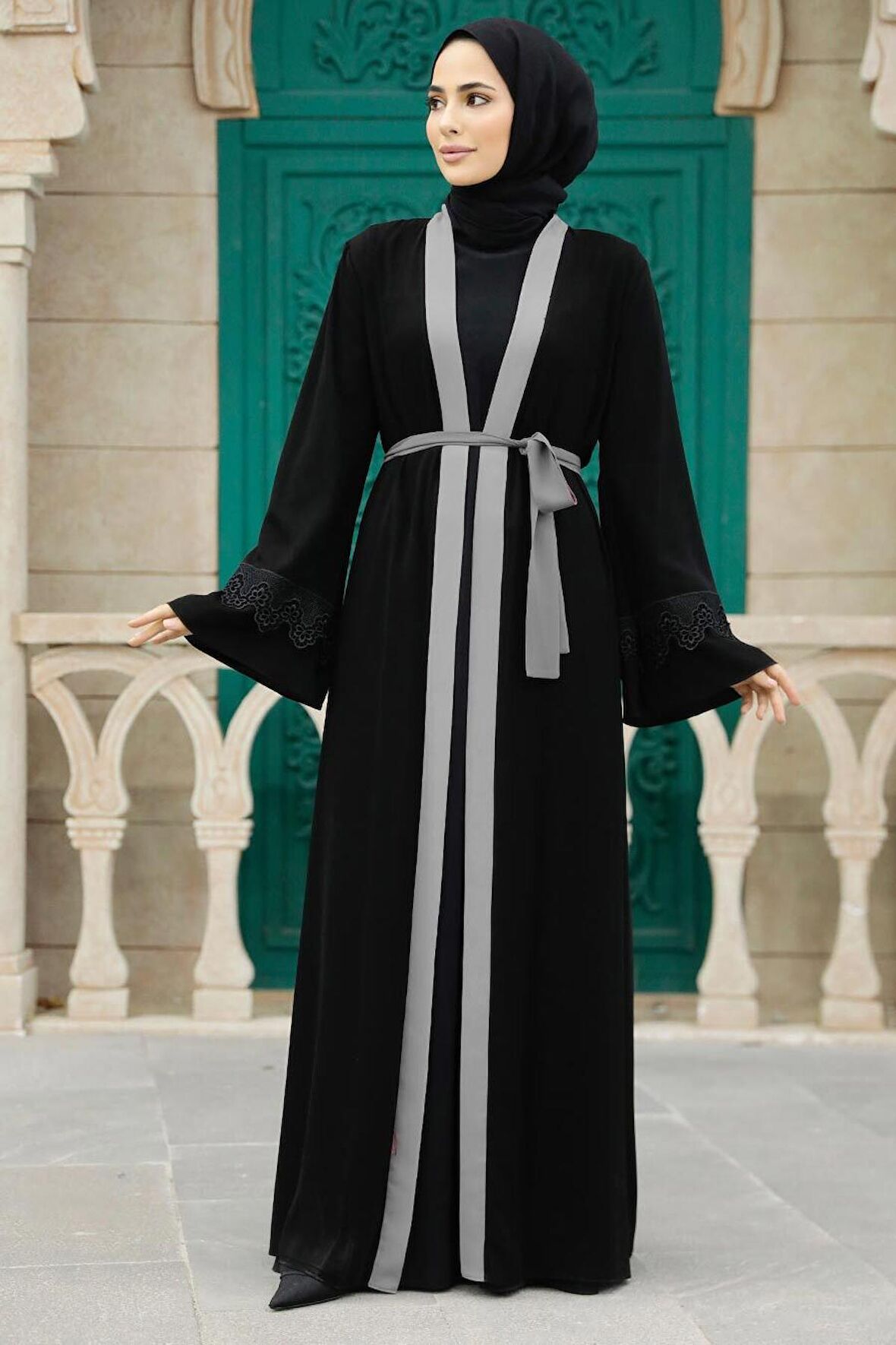 Kemerli Gri Tesettür Abaya 55440GR