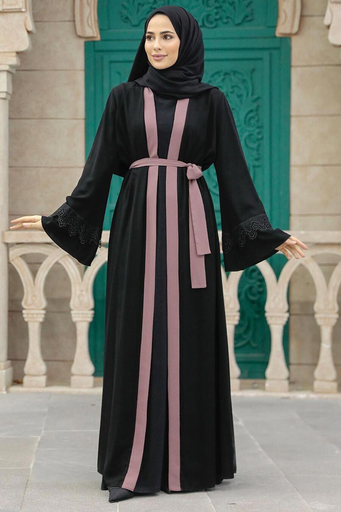 Kemerli Gül Kurusu Tesettür Abaya 55440GK