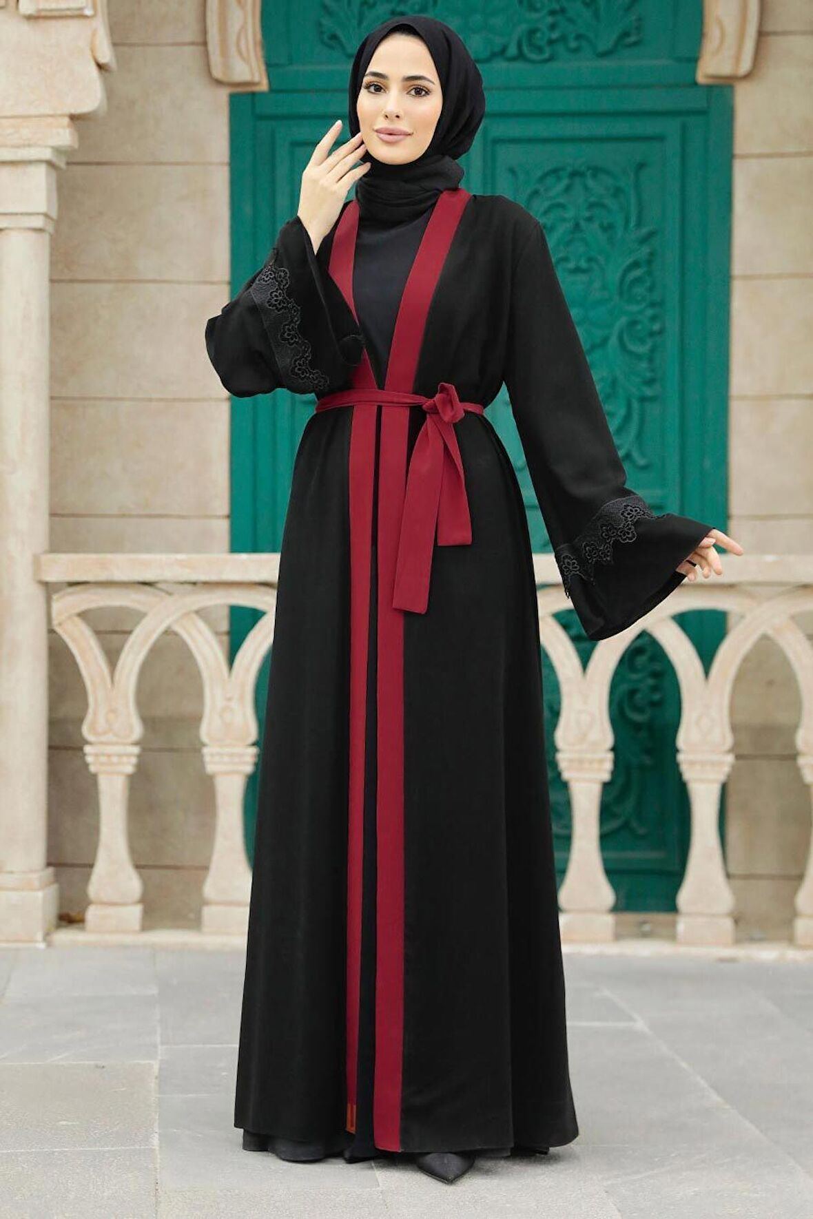 Kemerli Bordo Tesettür Abaya 55440BR