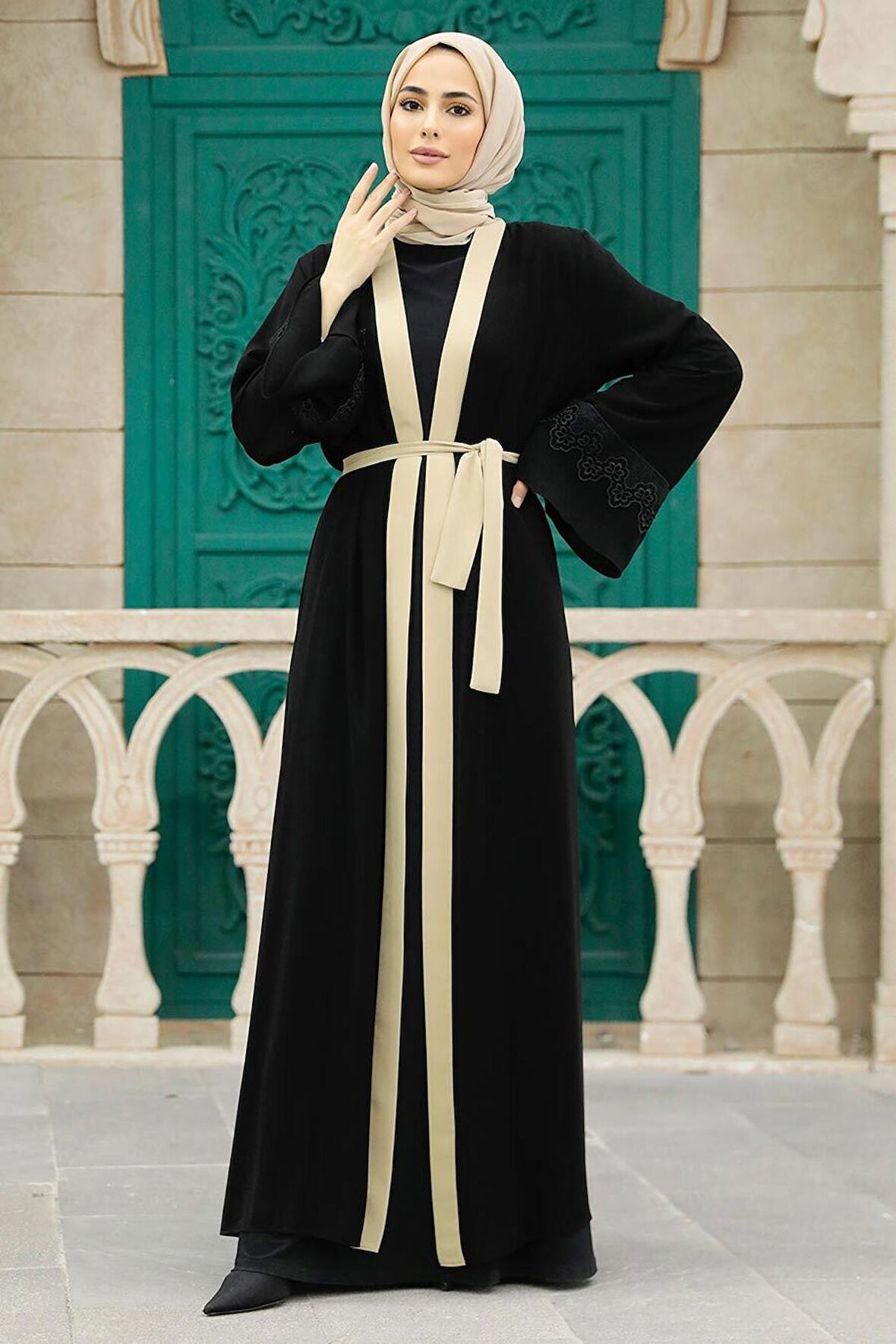 Kemerli Bej Tesettür Abaya 55440BEJ