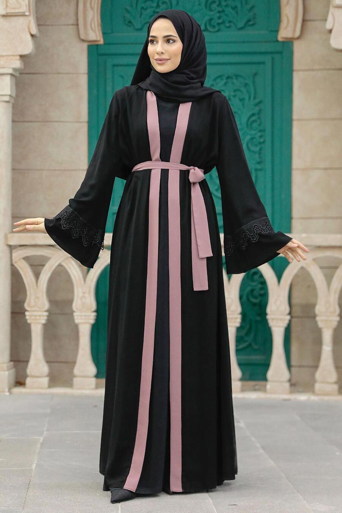 Kemerli Açık Gül Kurusu Tesettür Abaya 55440AGK