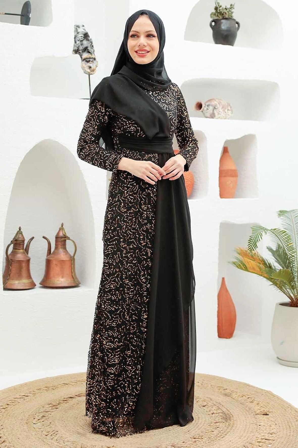 Pul Payet Gold Tesettür Abiye Elbise 56180GOLD