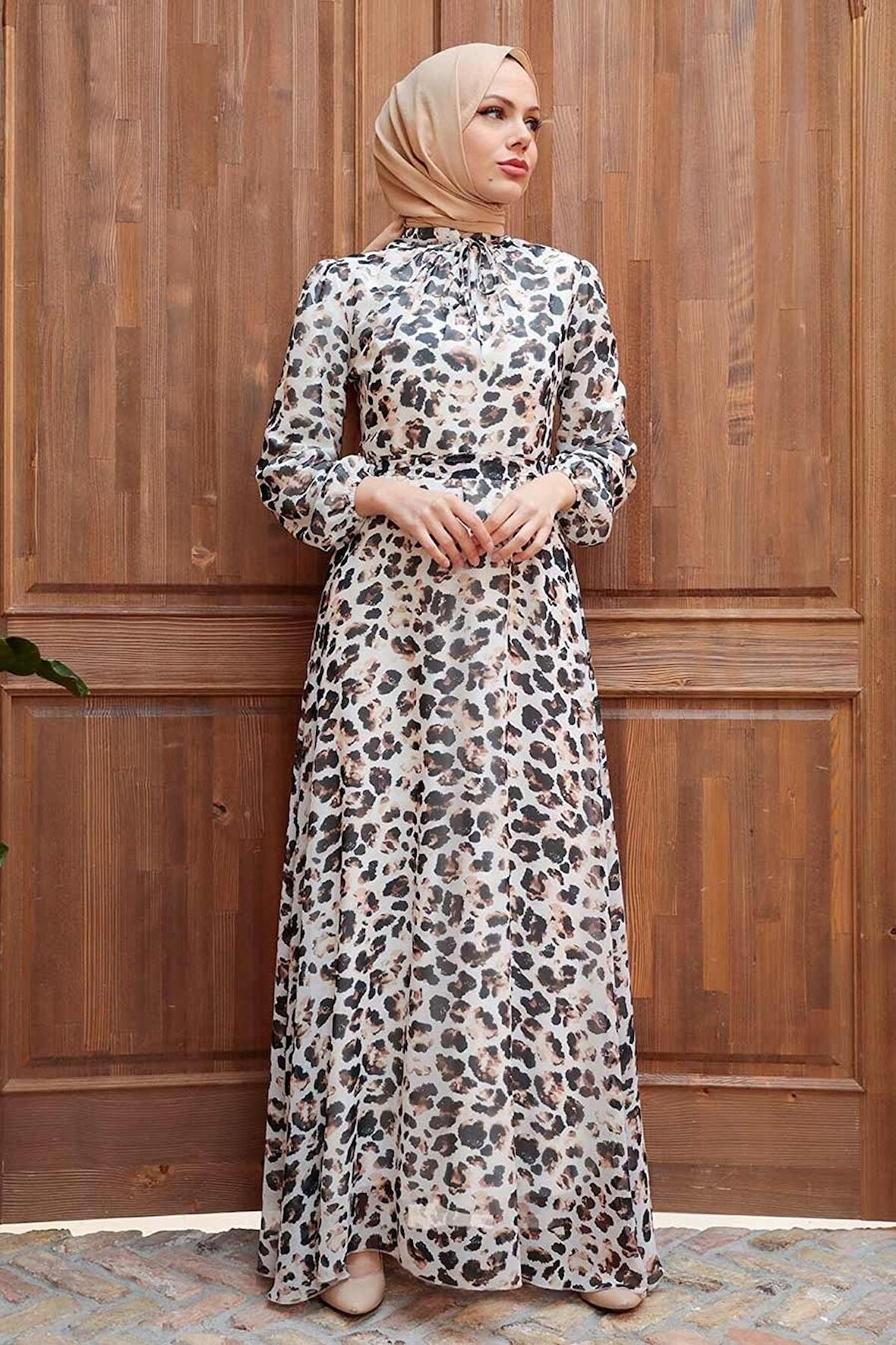 Leopar Desenli Bej Tesettür Elbise 279021BEJ