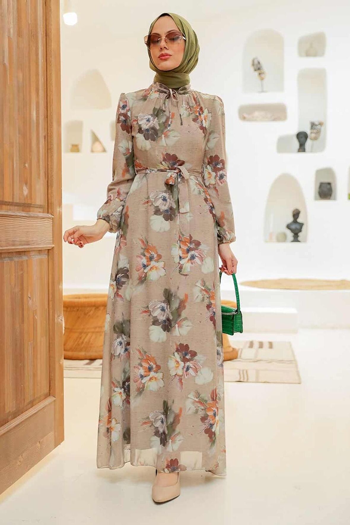 Çiçek Desenli Vizon Tesettür Elbise 27926V