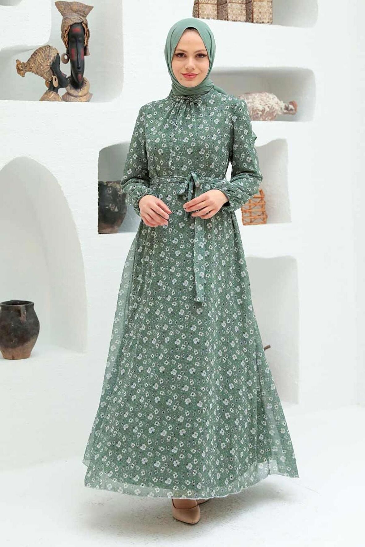 Çiçek Desenli Çağla Yeşili Tesettür Elbise 279045CY