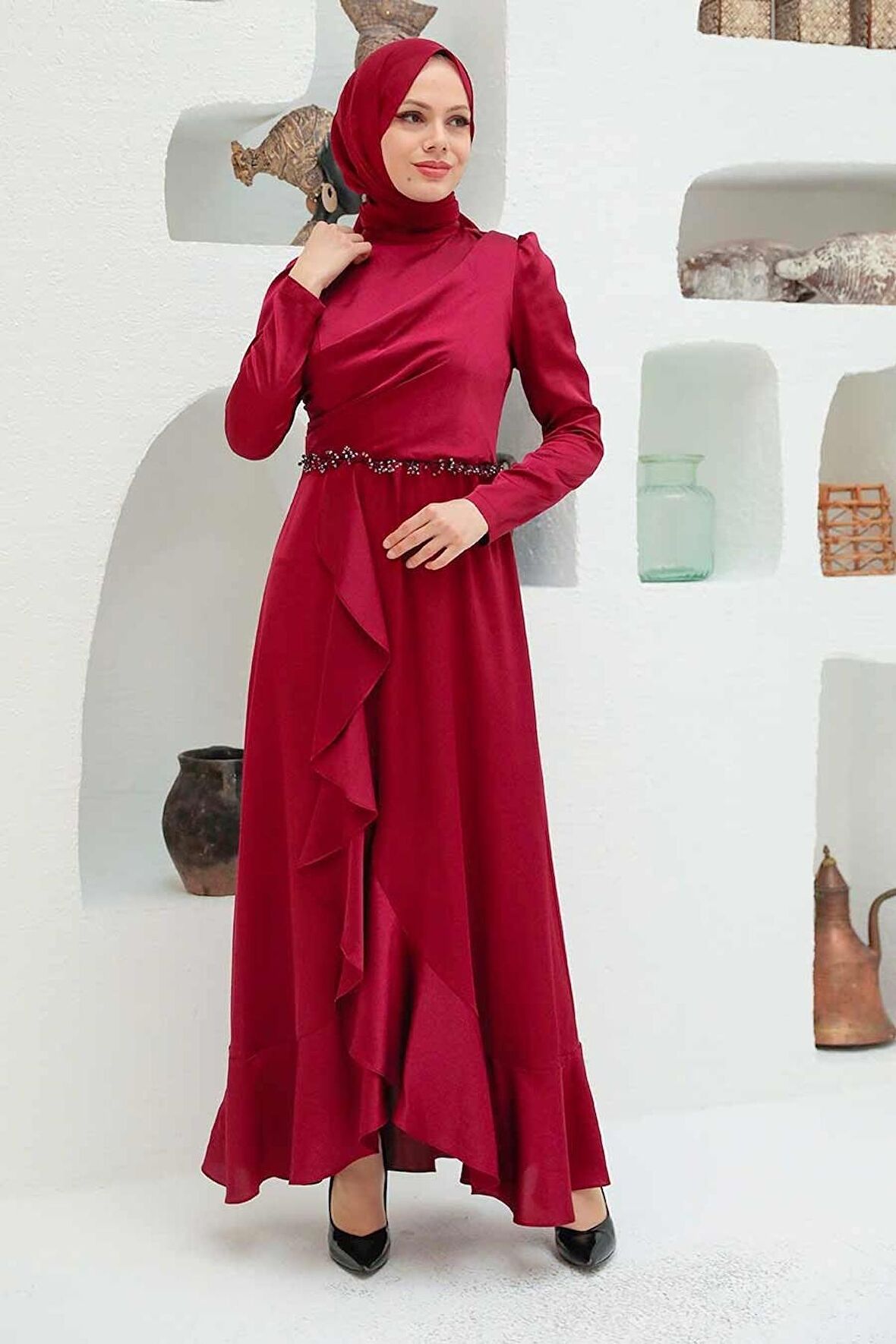 Volanlı Bordo Saten Tesettür Abiye Elbise 3381BR