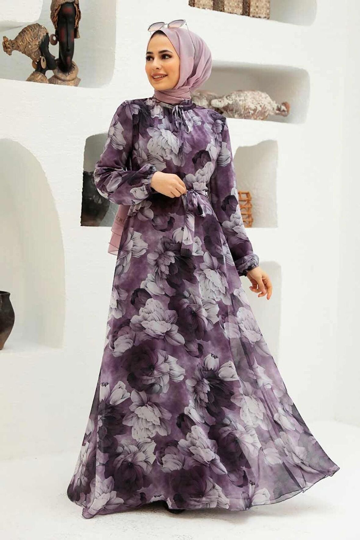 Çiçek Desenli Lila Tesettür Elbise 279054LILA