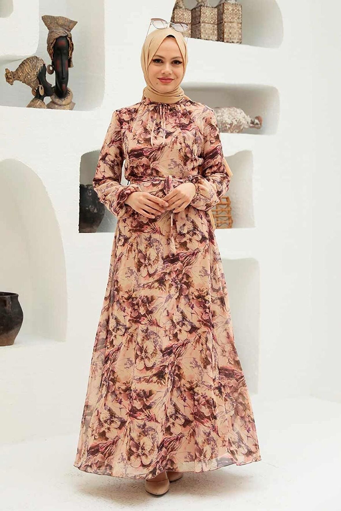 Çiçek Desenli Bej Tesettür Elbise 279057BEJ