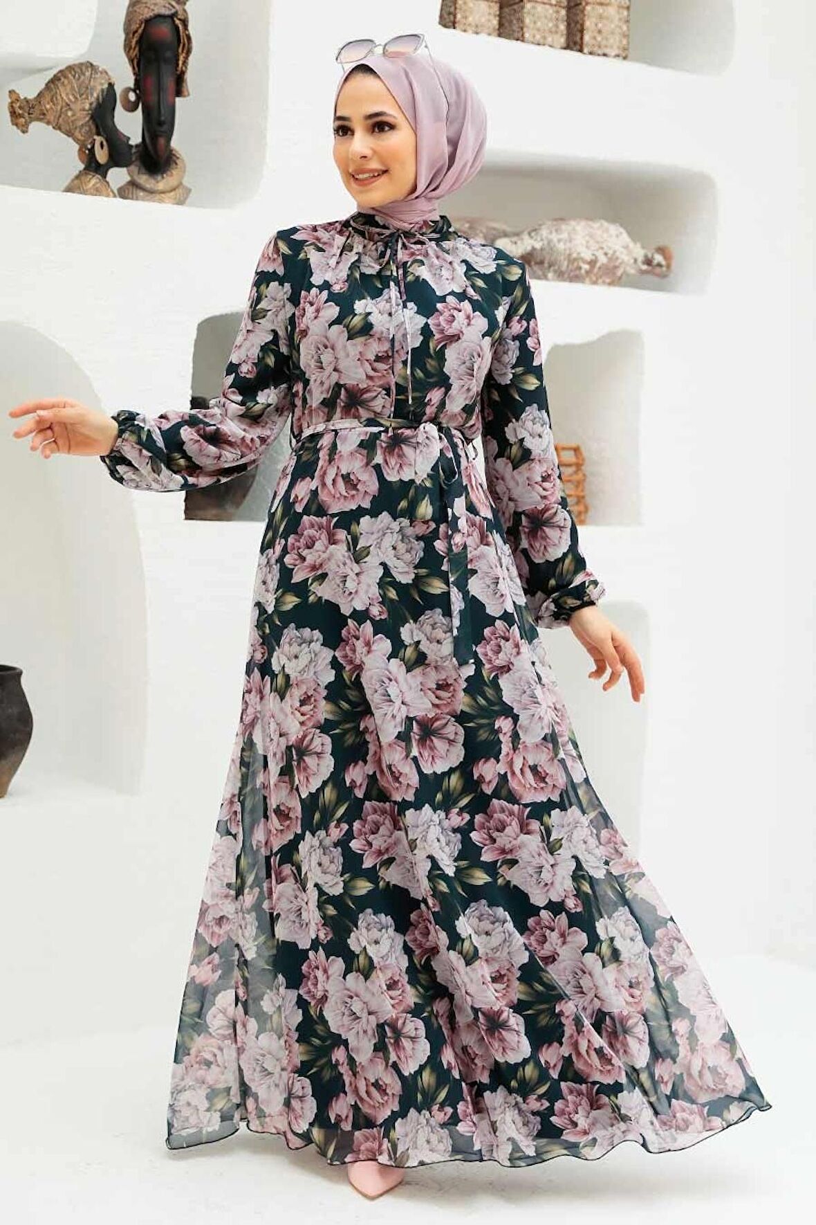Çiçek Desenli Siyah Tesettür Elbise 279058S
