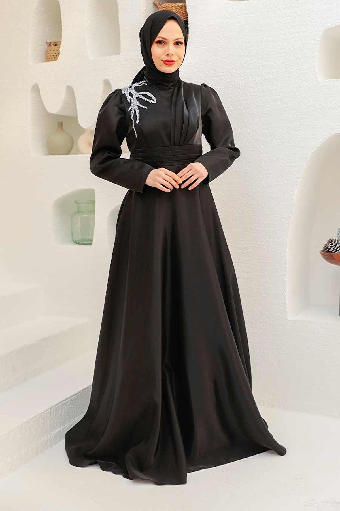 Saten Siyah Tesettür Abiye Elbise 22301S
