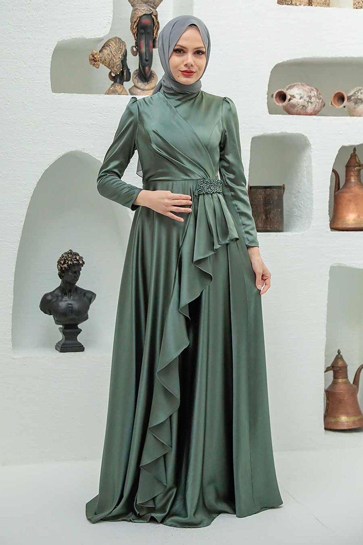 Volanlı Haki Tesettür Abiye Elbise 22431HK
