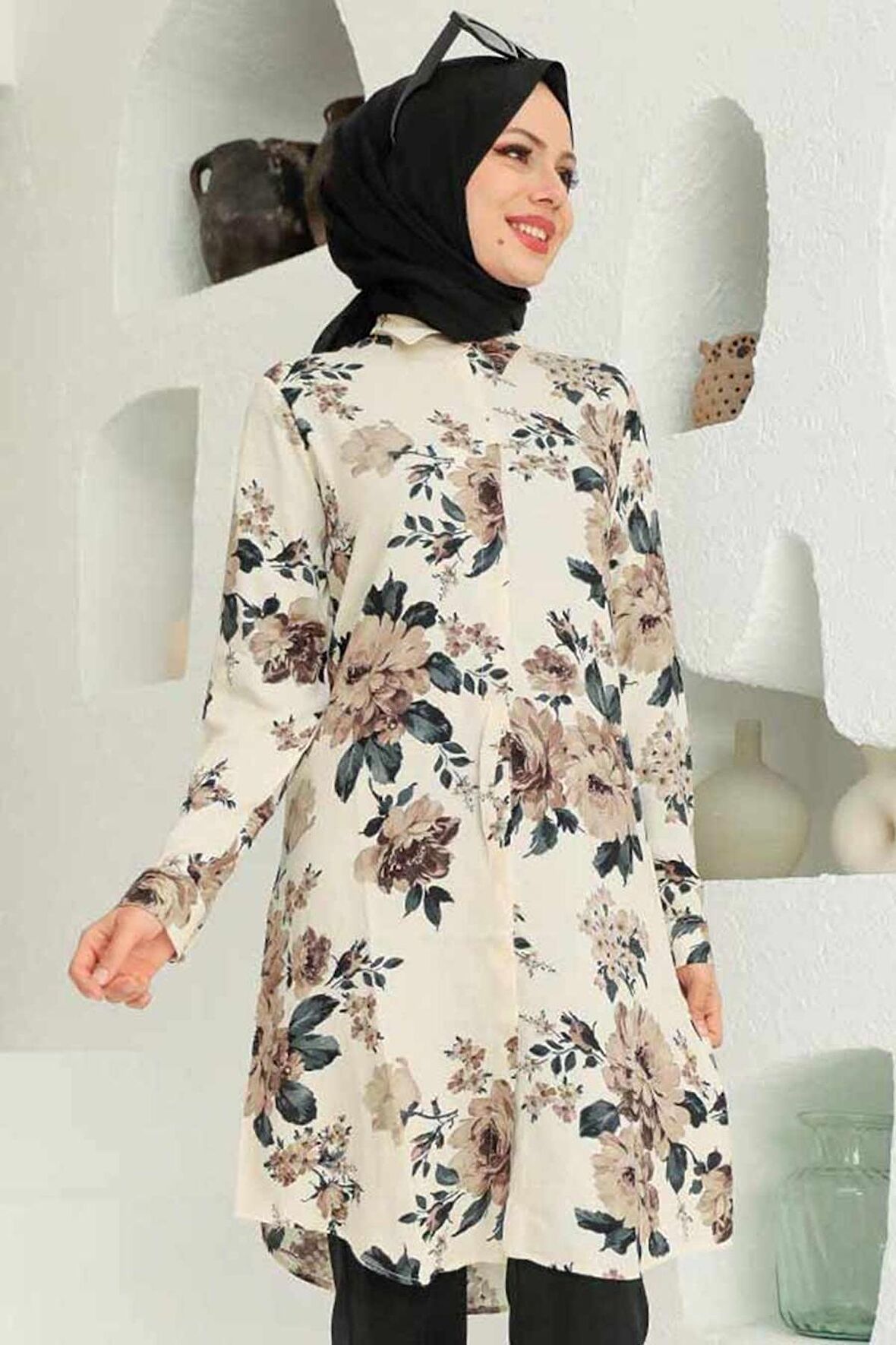 Desenli Bej Tesettür Tunik 11550BEJ