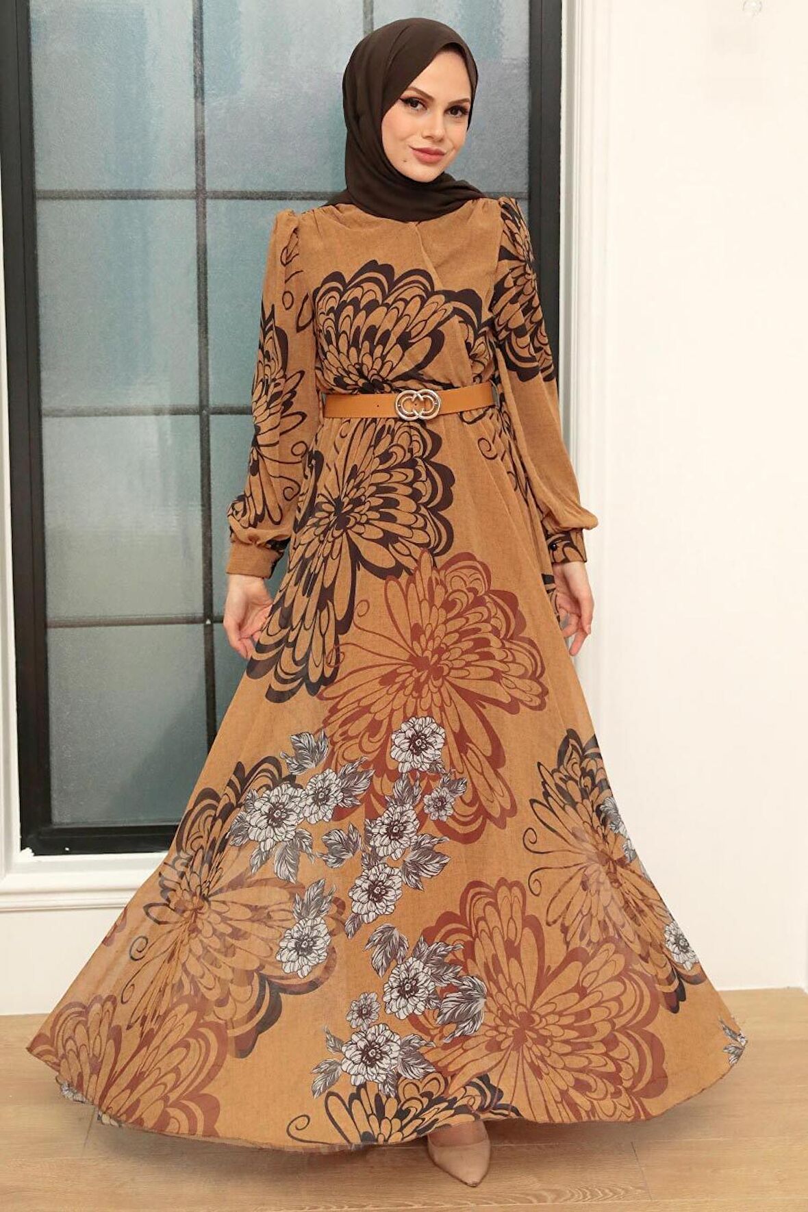 Kelebek Desenli Hardal Tesettür Elbise 3463HR