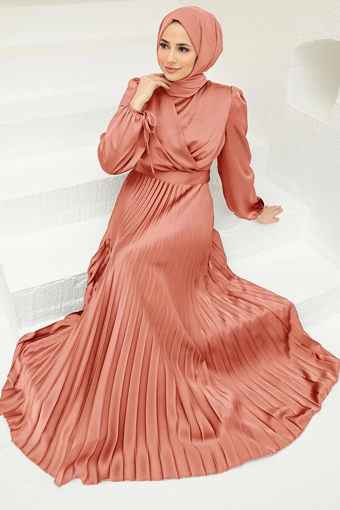 Saten Somon Tesettür Abiye Elbise 3452SMN