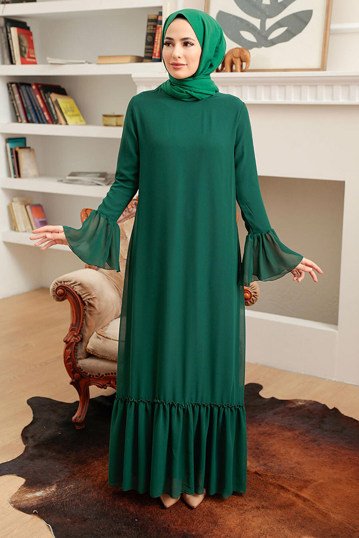 Kol Ucu Volanlı Yeşil Tesettür Elbise 5729Y