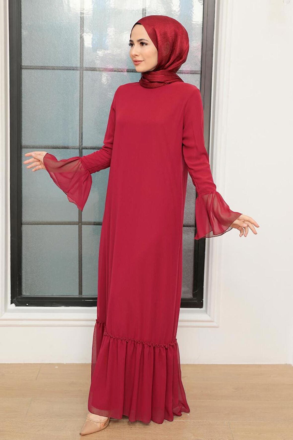 Neva Style - Kol Ucu Volanlı Bordo Tesettür Elbise 5729BR