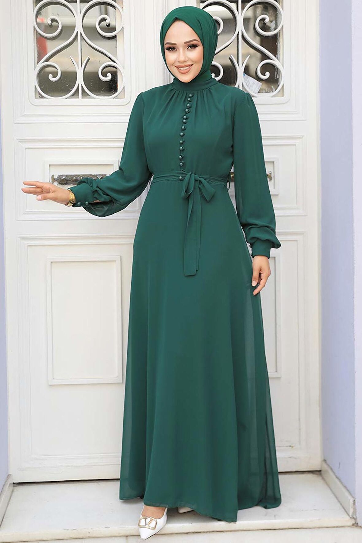 Düğme Detaylı Yeşil Tesettür Elbise 2703Y
