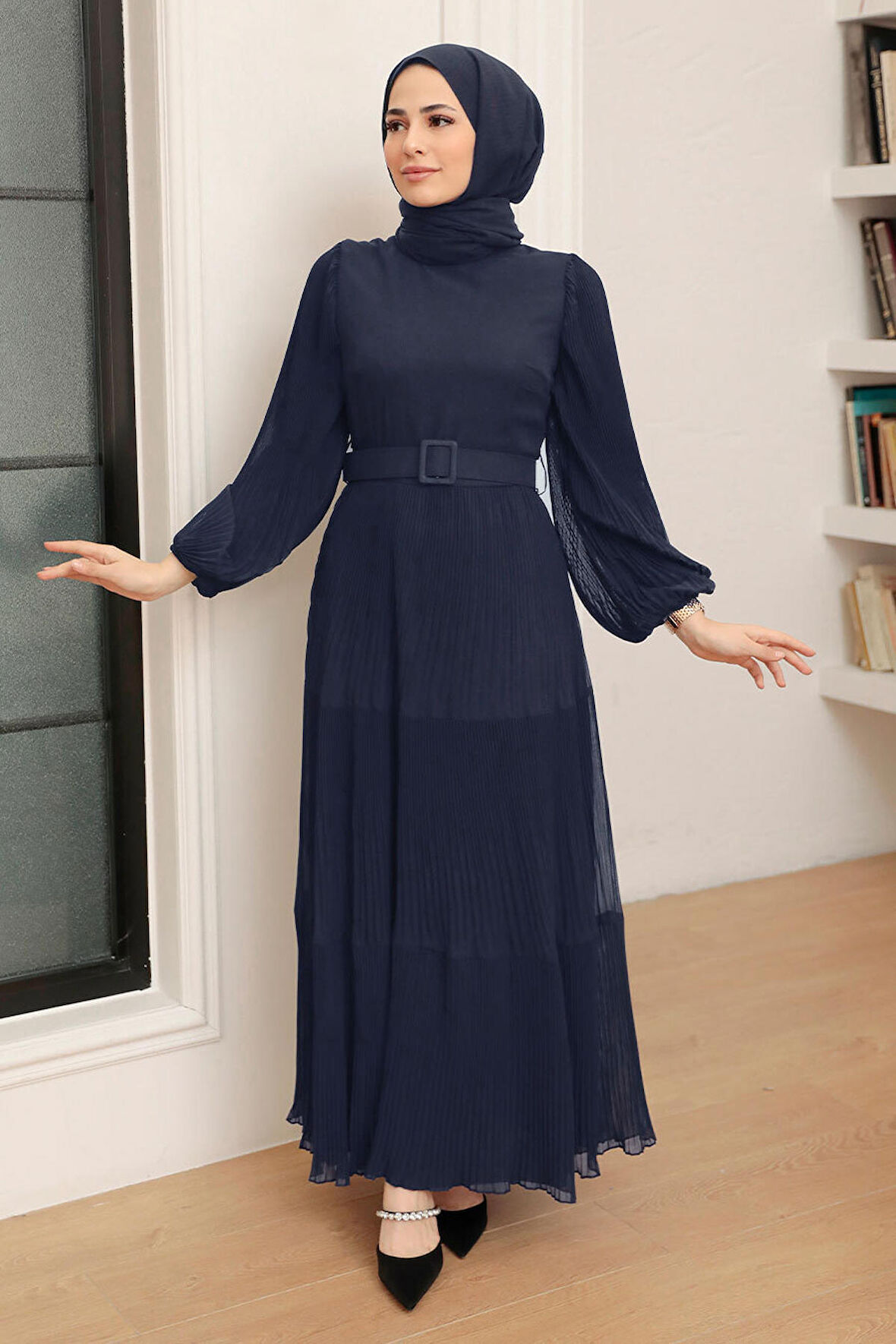 Kemerli Lacivert Tesettür Elbise 3590L