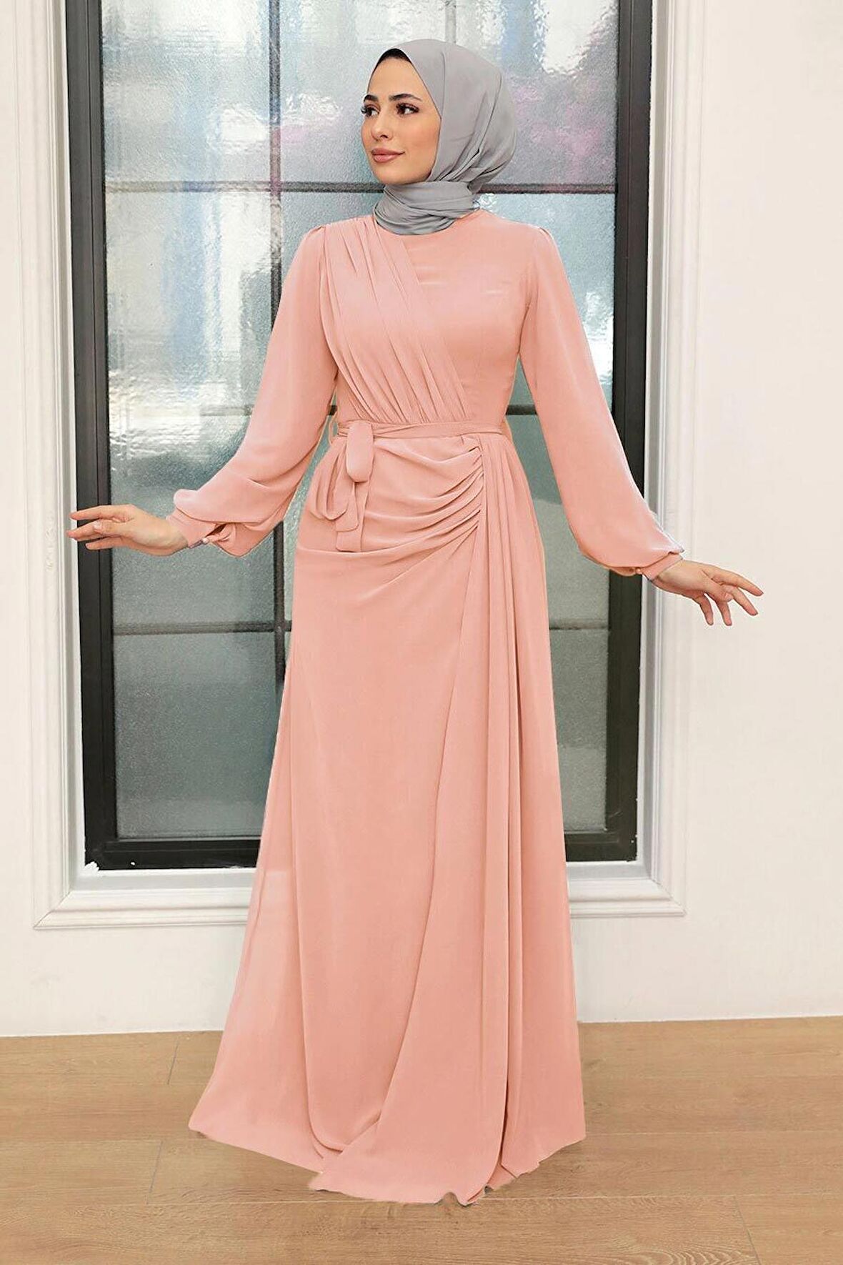 Tesettür Abiye Elbise - Drape Detaylı Pudra Tesettür Abiye Elbise 5711PD