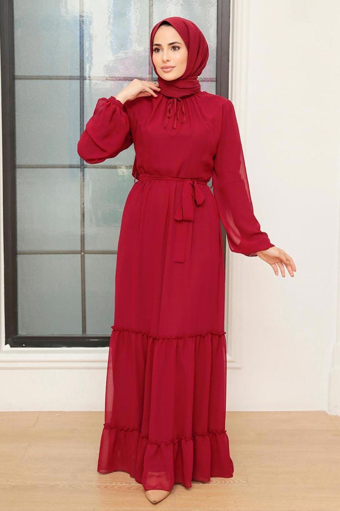 Neva Style - Kat Pliseli Bordo Tesettür Elbise 5726BR