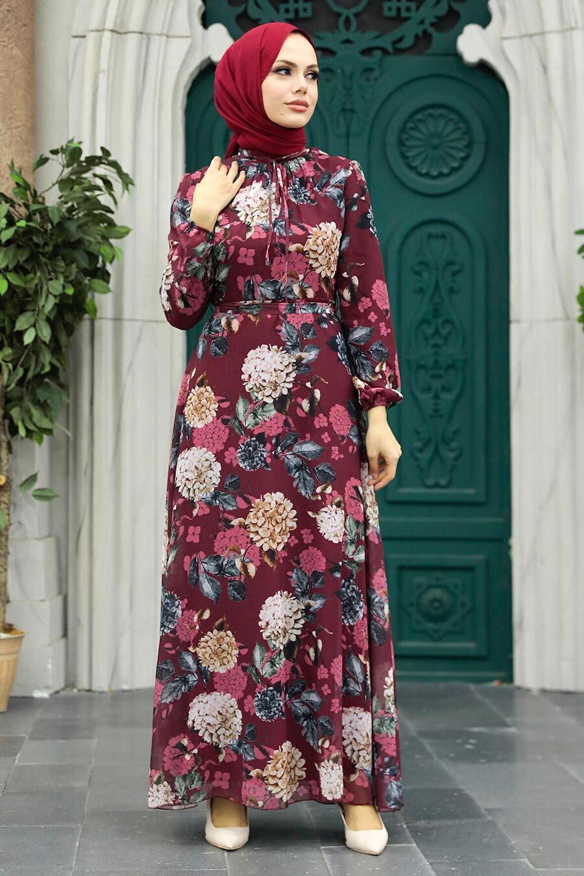 Çiçek Desenli Bordo Tesettür Elbise 279083BR