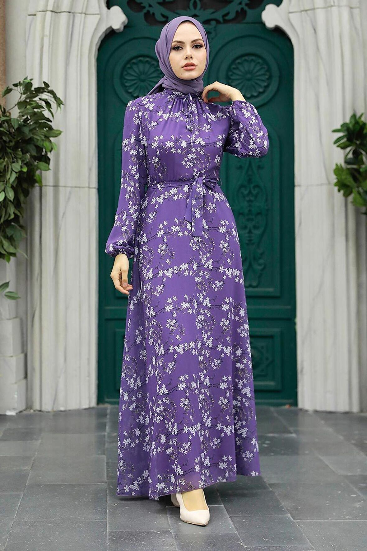Çiçek Desenli Lila Tesettür Elbise 279048LILA