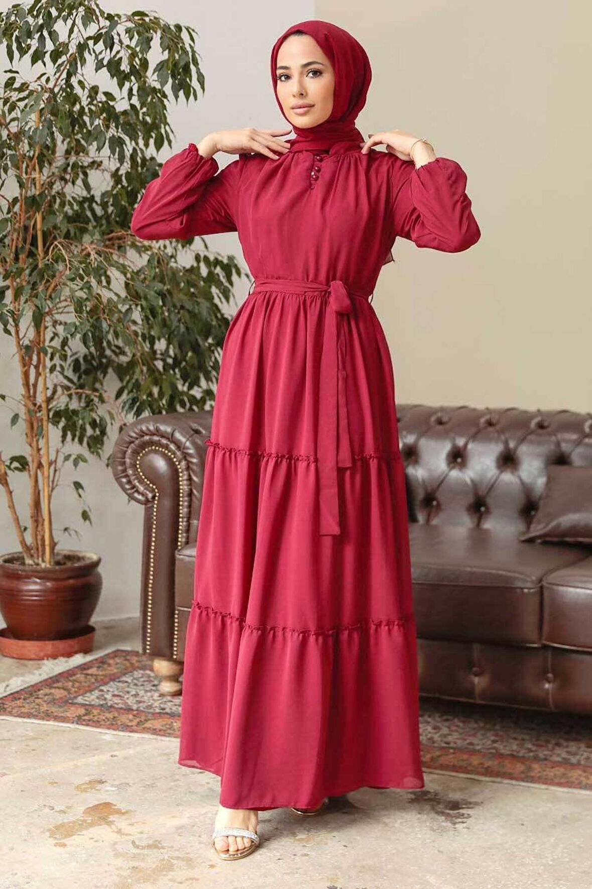 Neva Style - Kat Piliseli Bordo Tesettür Elbise 57250BR